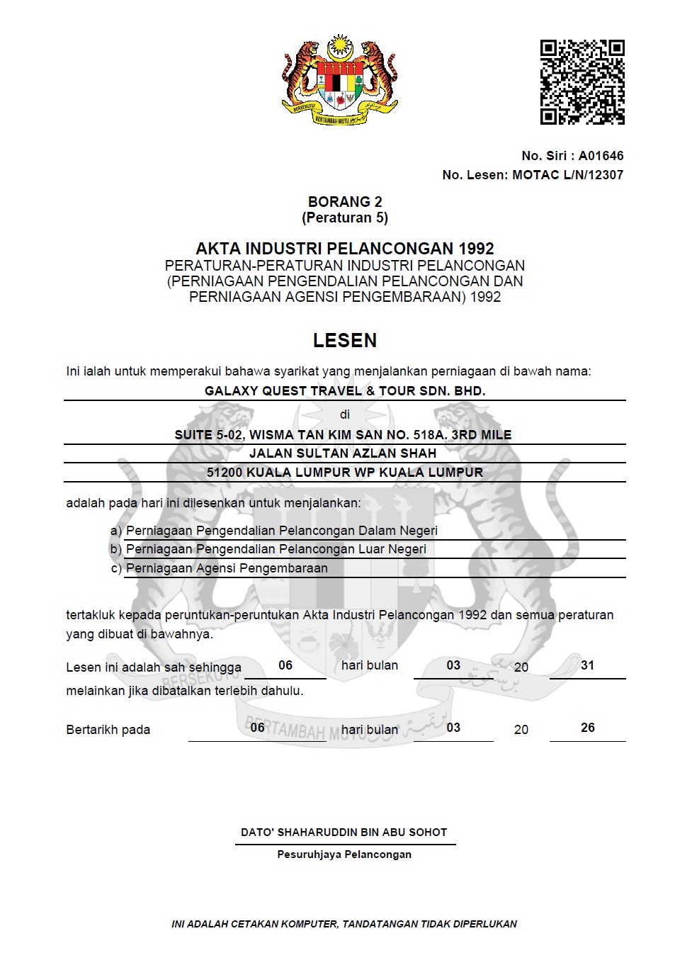 Lesen MOTAC KPK/LN 12307 for Galaxy Quest Travel & Tour Sdn Bhd, valid 2026 to 2031