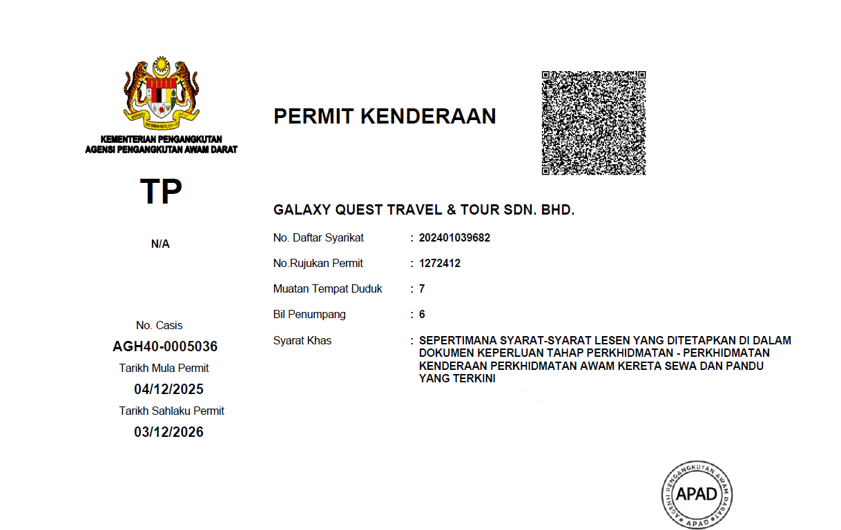 Permit Kenderaan APAD vehicle permit for Galaxy Quest Travel & Tour Sdn Bhd
