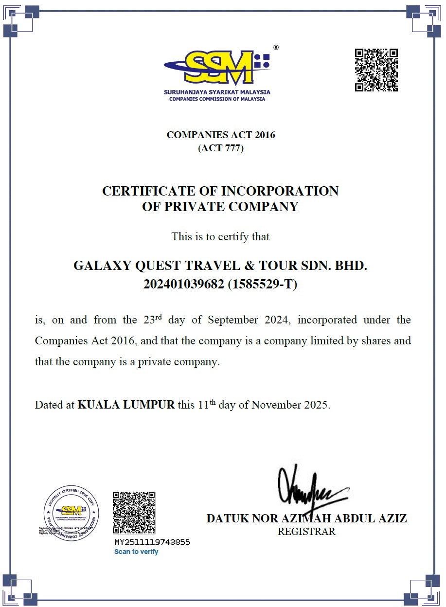 SSM certificate of incorporation for Galaxy Quest Travel & Tour Sdn Bhd